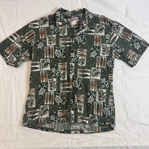 VTG Hilo Hattie Hawaiian Shirt Tiki Surfboard Print Olive Green XL